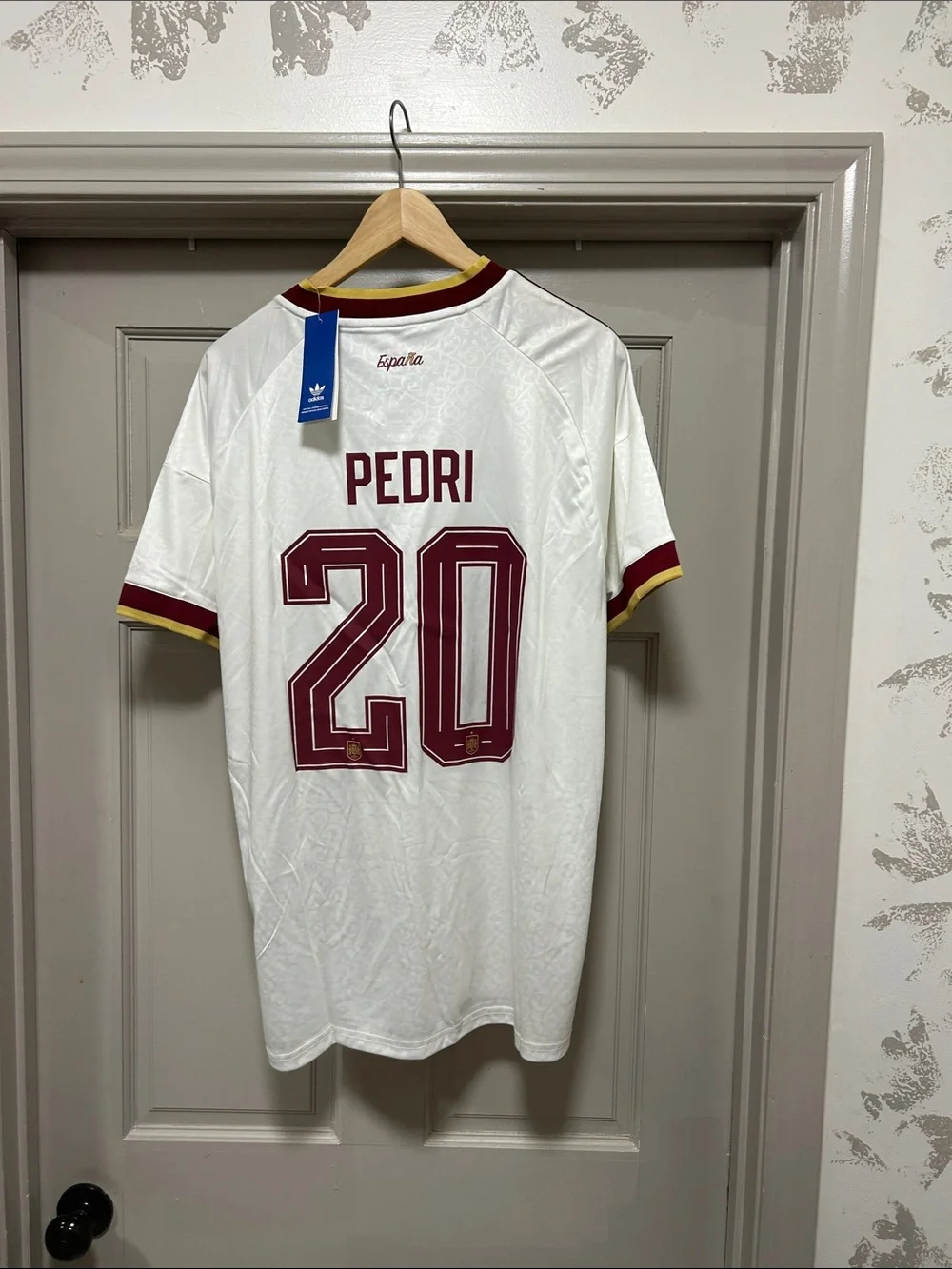 Men’s Pedri Adidas Cream and Burgundy Spain #20 Soccer Jersey